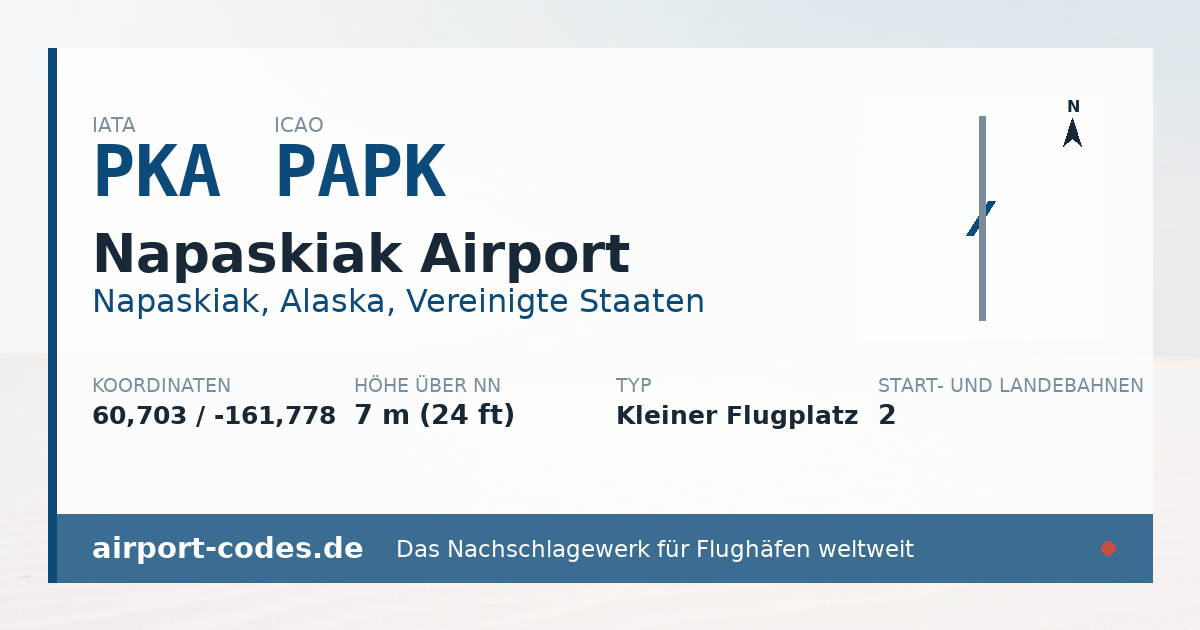 Generierte Übersichtsgrafik zum Flughafen Napaskiak Airport mit Codes, Koordinaten und Bahnenskizze