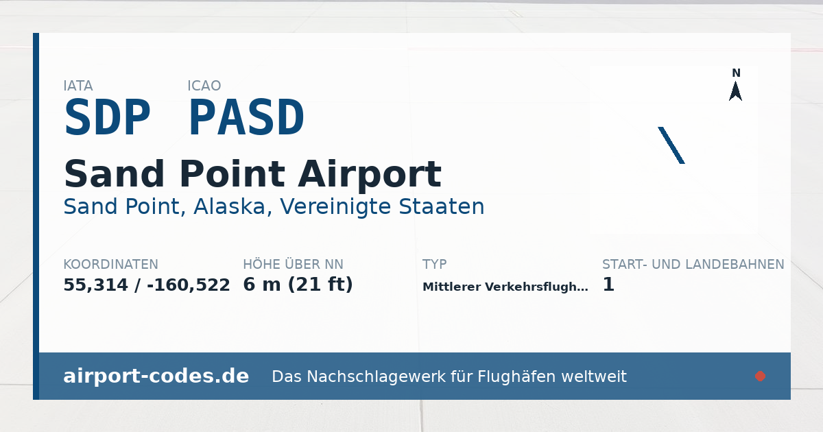 Generierte Übersichtsgrafik zum Flughafen Sand Point Airport mit Codes, Koordinaten und Bahnenskizze