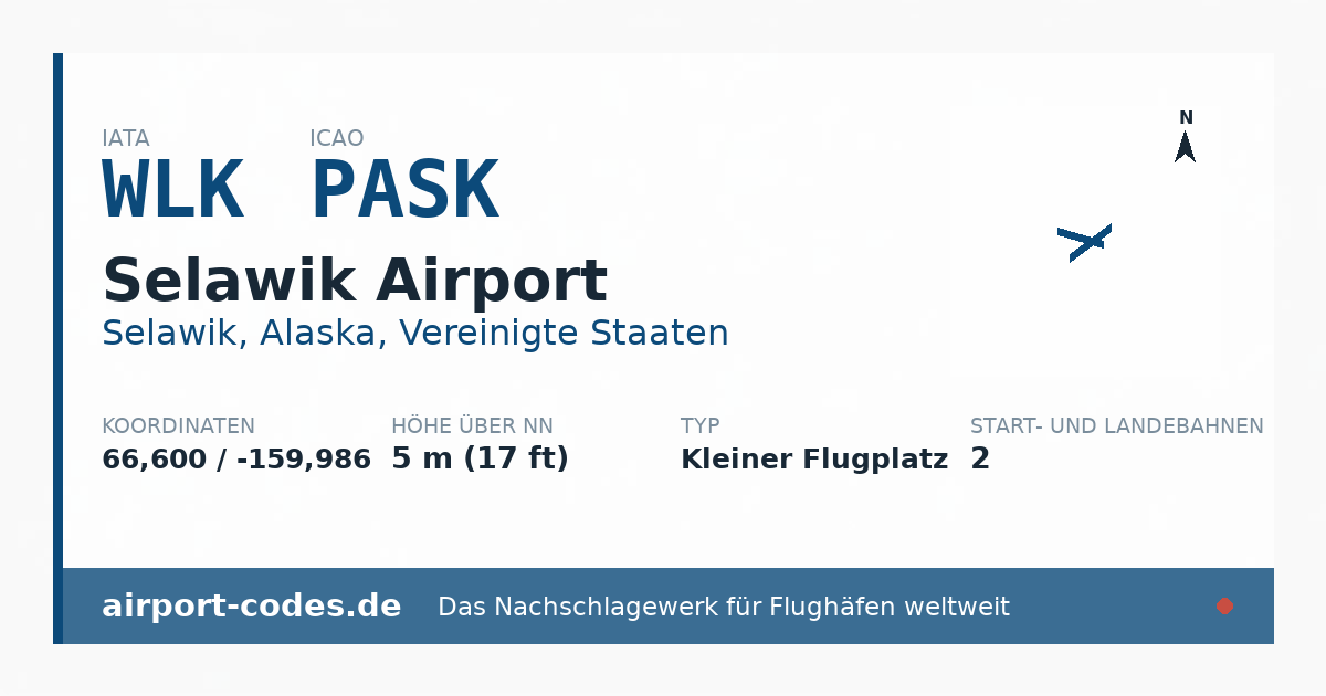 Generierte Übersichtsgrafik zum Flughafen Selawik Airport mit Codes, Koordinaten und Bahnenskizze
