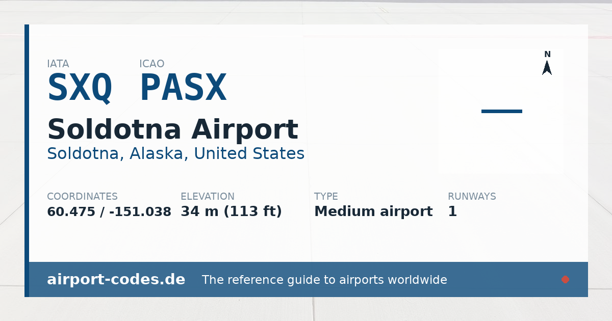 Generated summary graphic for Soldotna Airport showing codes, coordinates and a runway sketch