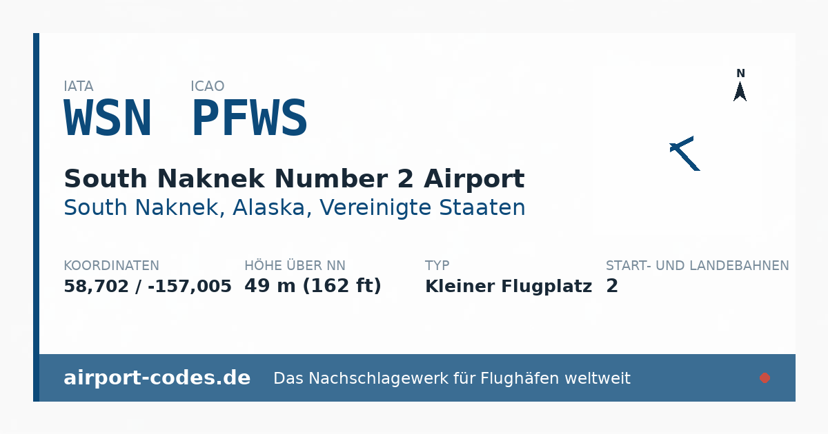 Generierte Übersichtsgrafik zum Flughafen South Naknek Number 2 Airport mit Codes, Koordinaten und Bahnenskizze