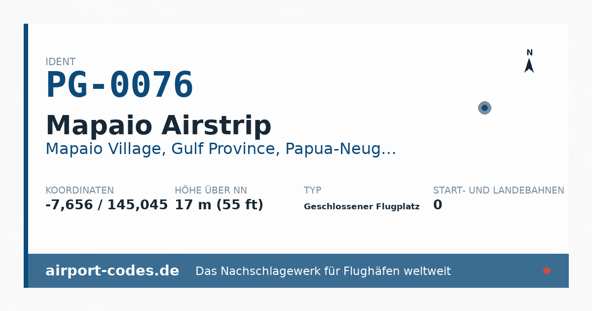 Generierte Übersichtsgrafik zum Flughafen Mapaio Airstrip mit Codes, Koordinaten und Bahnenskizze