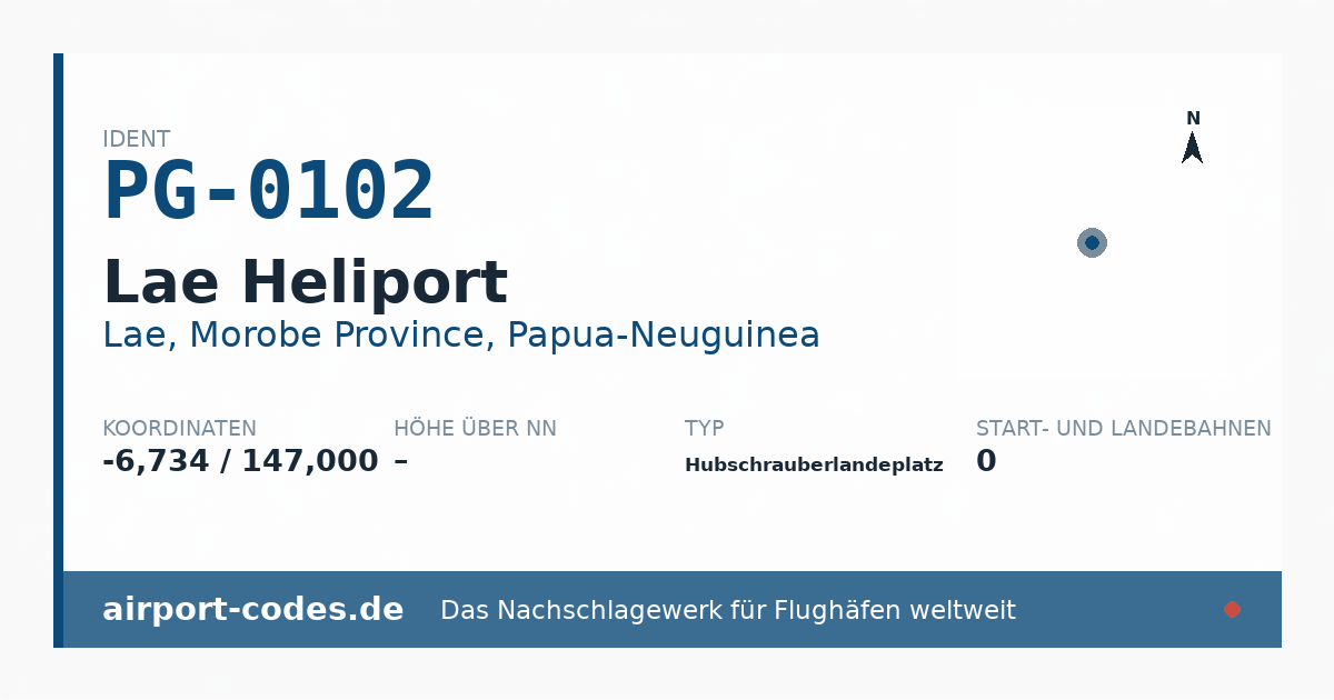 Generierte Übersichtsgrafik zum Flughafen Lae Heliport mit Codes, Koordinaten und Bahnenskizze