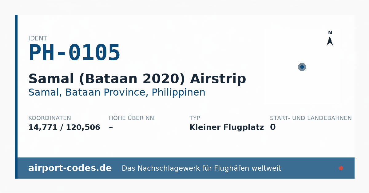 Generierte Übersichtsgrafik zum Flughafen Samal (Bataan 2020) Airstrip mit Codes, Koordinaten und Bahnenskizze