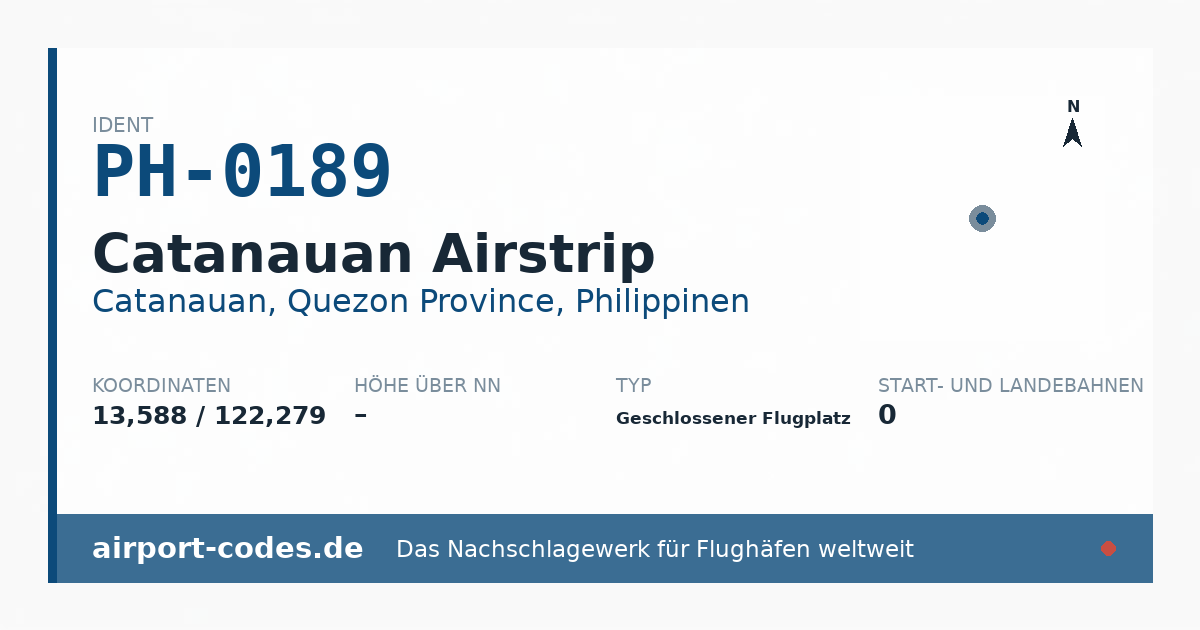 Generierte Übersichtsgrafik zum Flughafen Catanauan Airstrip mit Codes, Koordinaten und Bahnenskizze