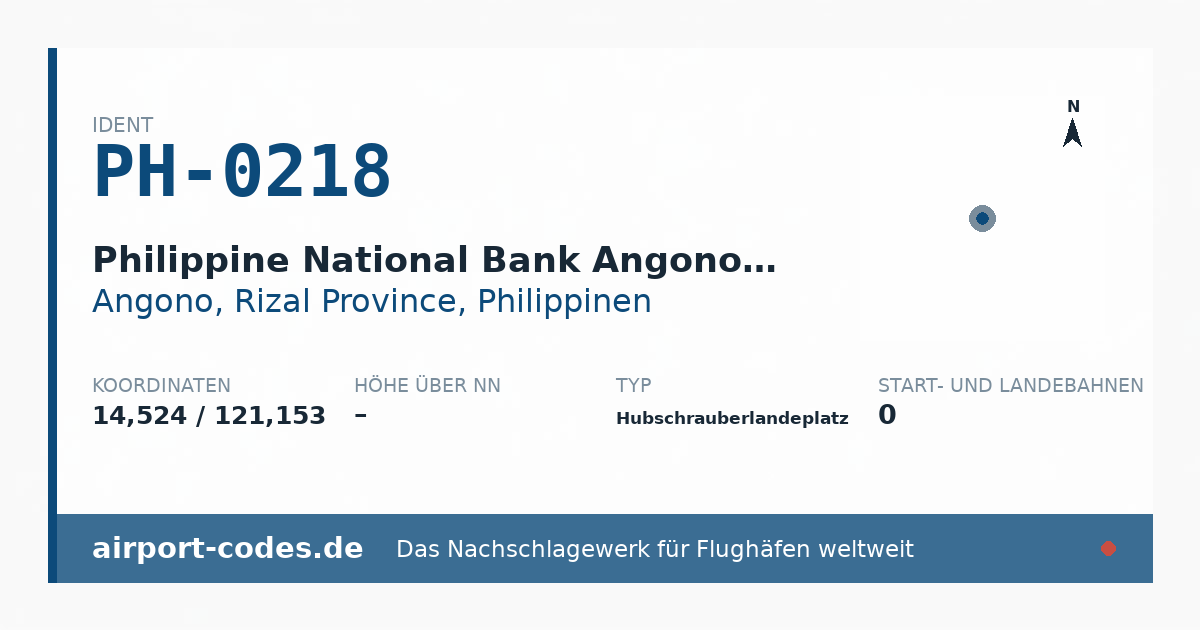 Generierte Übersichtsgrafik zum Flughafen Philippine National Bank Angono Branch Helipad mit Codes, Koordinaten und Bahnenskizze