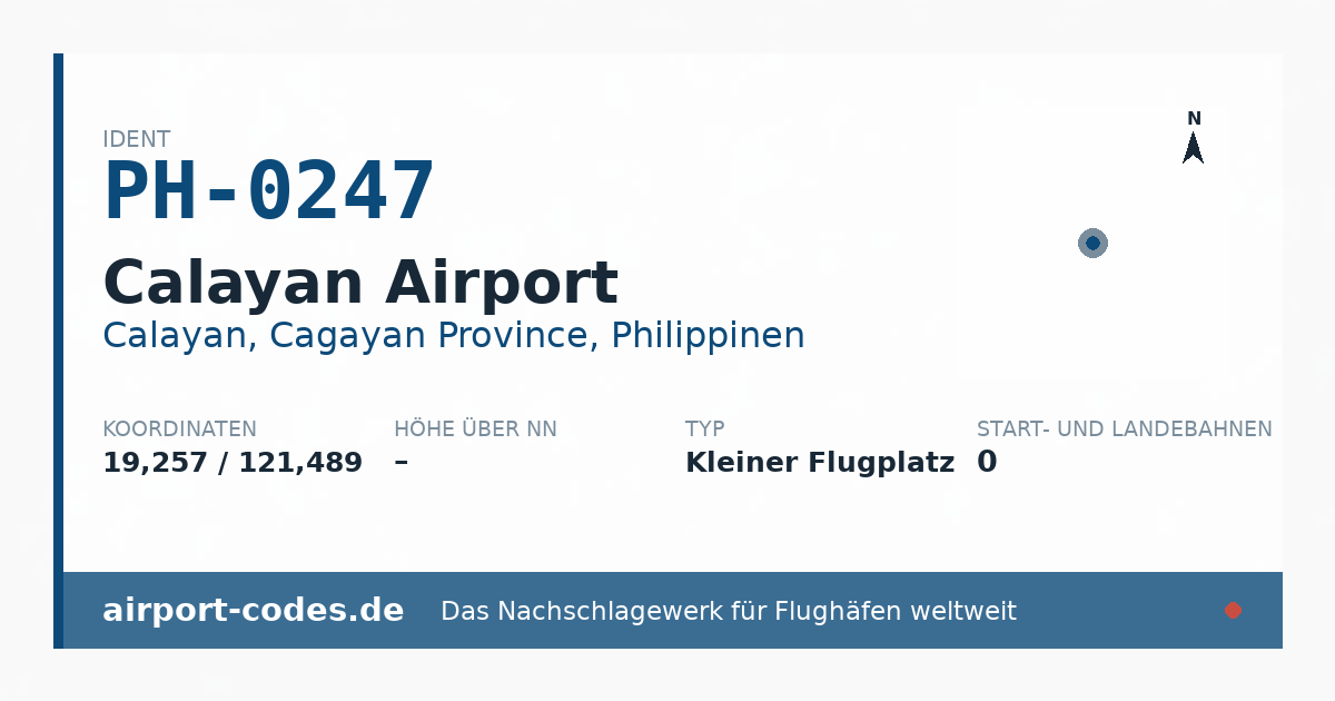 Generierte Übersichtsgrafik zum Flughafen Calayan Airport mit Codes, Koordinaten und Bahnenskizze