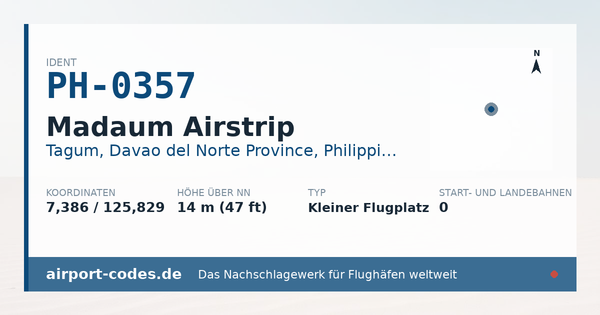 Generierte Übersichtsgrafik zum Flughafen Madaum Airstrip mit Codes, Koordinaten und Bahnenskizze