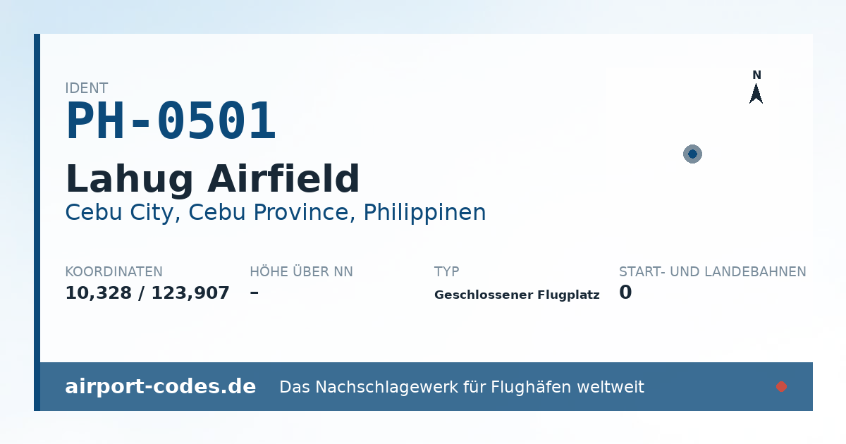 Generierte Übersichtsgrafik zum Flughafen Lahug Airfield mit Codes, Koordinaten und Bahnenskizze