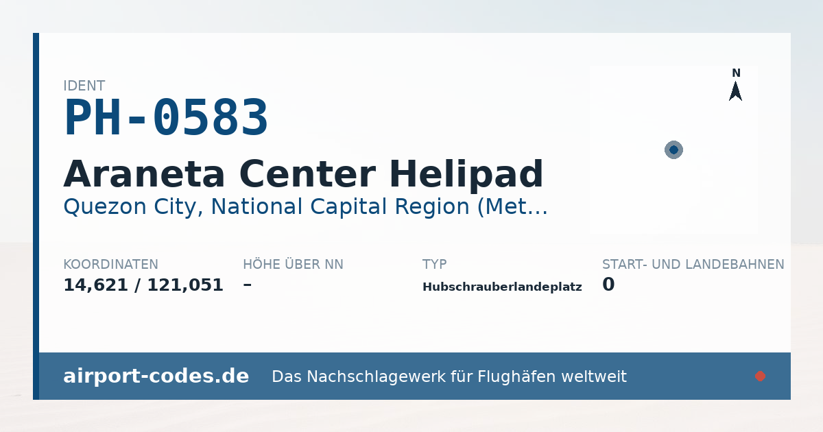 Generierte Übersichtsgrafik zum Flughafen Araneta Center Helipad mit Codes, Koordinaten und Bahnenskizze