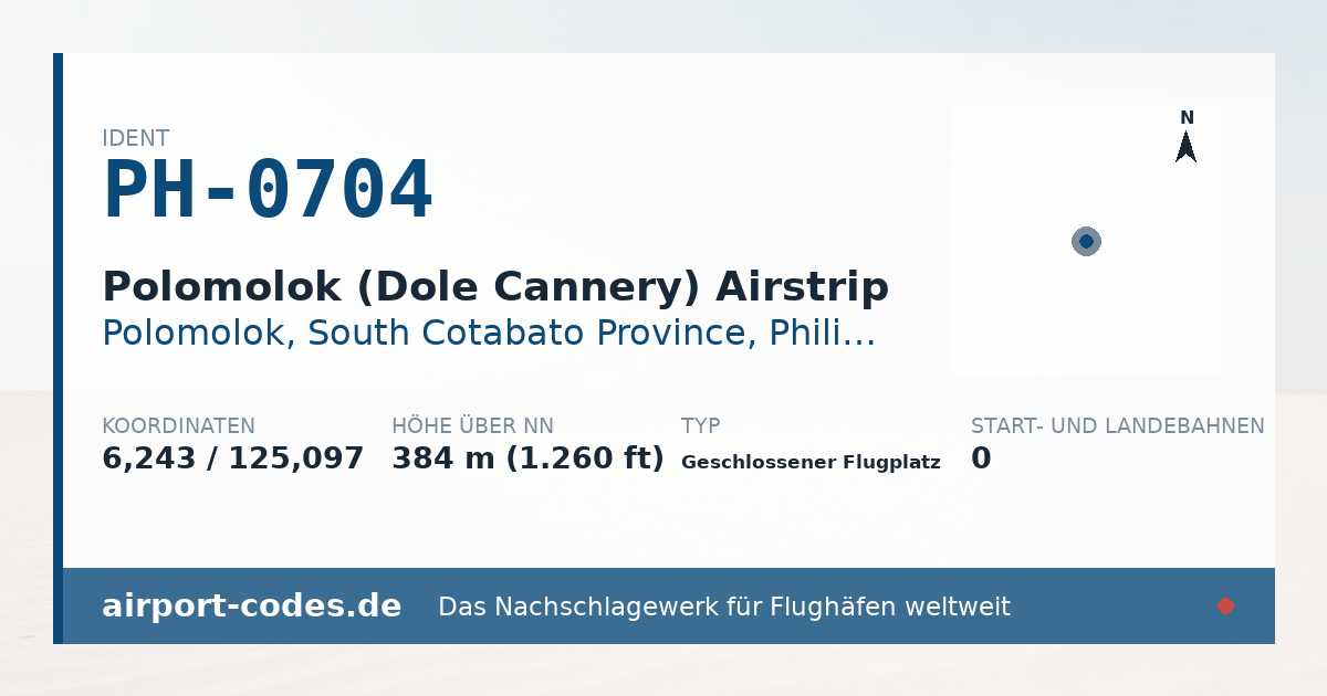 Generierte Übersichtsgrafik zum Flughafen Polomolok (Dole Cannery) Airstrip mit Codes, Koordinaten und Bahnenskizze