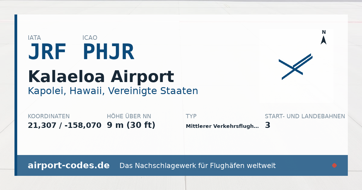 Generierte Übersichtsgrafik zum Flughafen Kalaeloa Airport mit Codes, Koordinaten und Bahnenskizze
