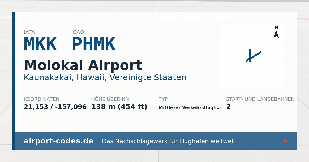 Generierte Übersichtsgrafik zum Flughafen Molokai Airport mit Codes, Koordinaten und Bahnenskizze