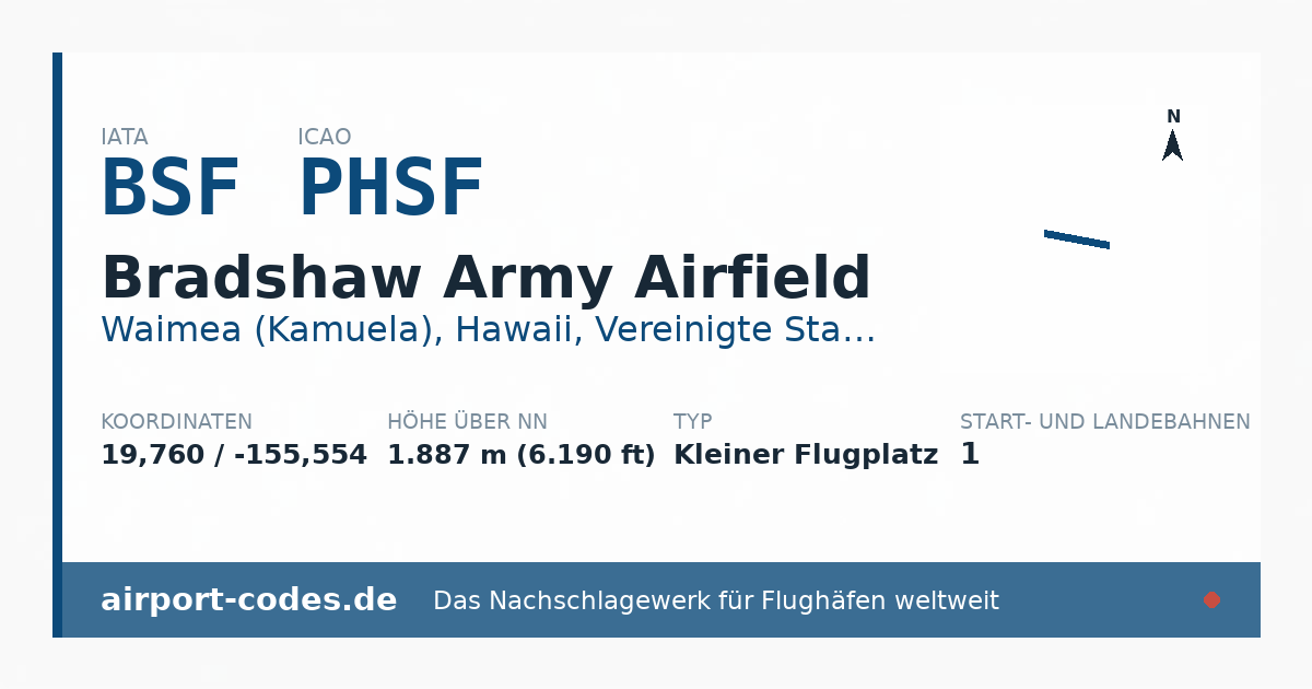 Generierte Übersichtsgrafik zum Flughafen Bradshaw Army Airfield mit Codes, Koordinaten und Bahnenskizze