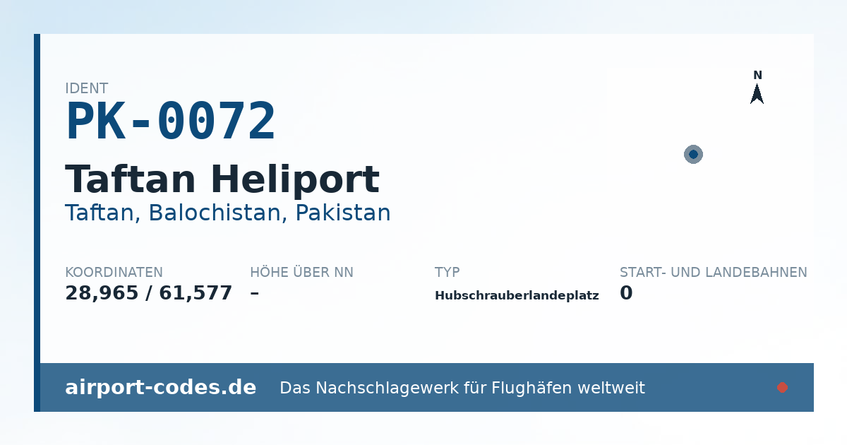 Generierte Übersichtsgrafik zum Flughafen Taftan Heliport mit Codes, Koordinaten und Bahnenskizze