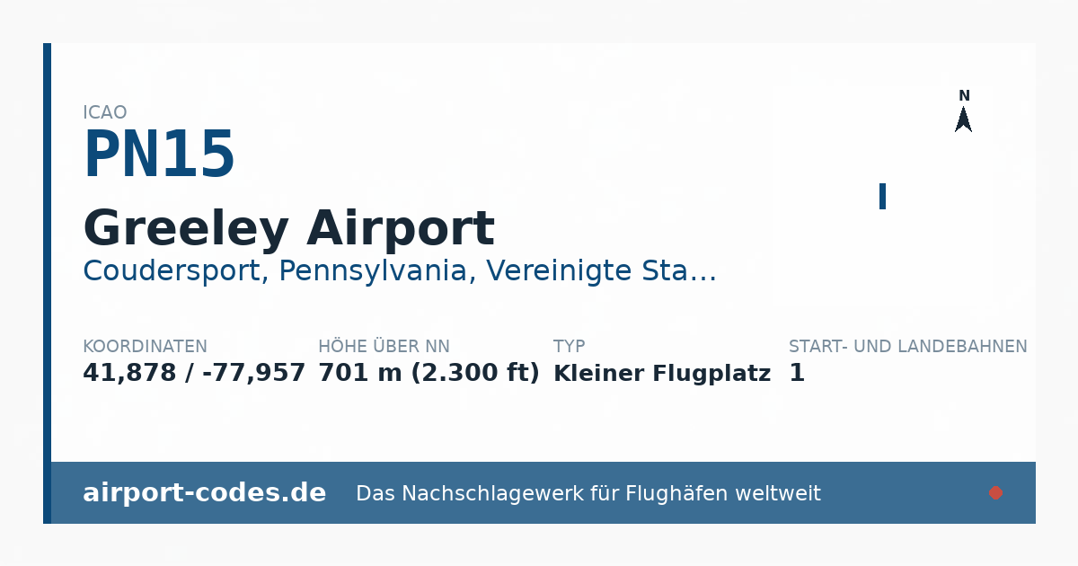 Generierte Übersichtsgrafik zum Flughafen Greeley Airport mit Codes, Koordinaten und Bahnenskizze