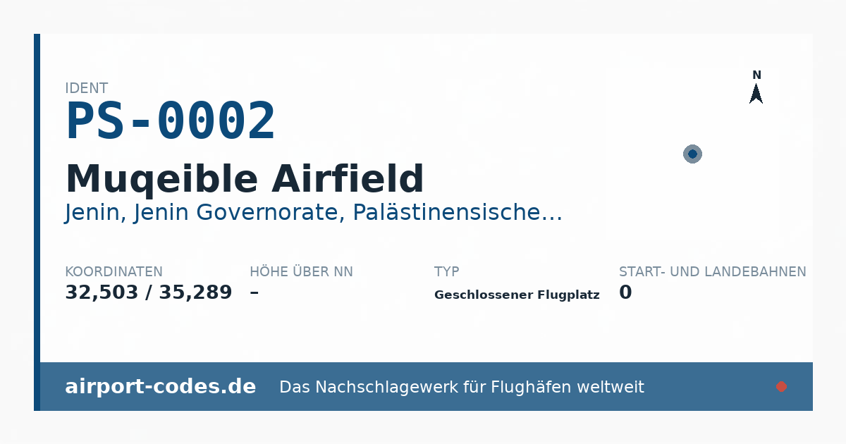 Generierte Übersichtsgrafik zum Flughafen Muqeible Airfield mit Codes, Koordinaten und Bahnenskizze