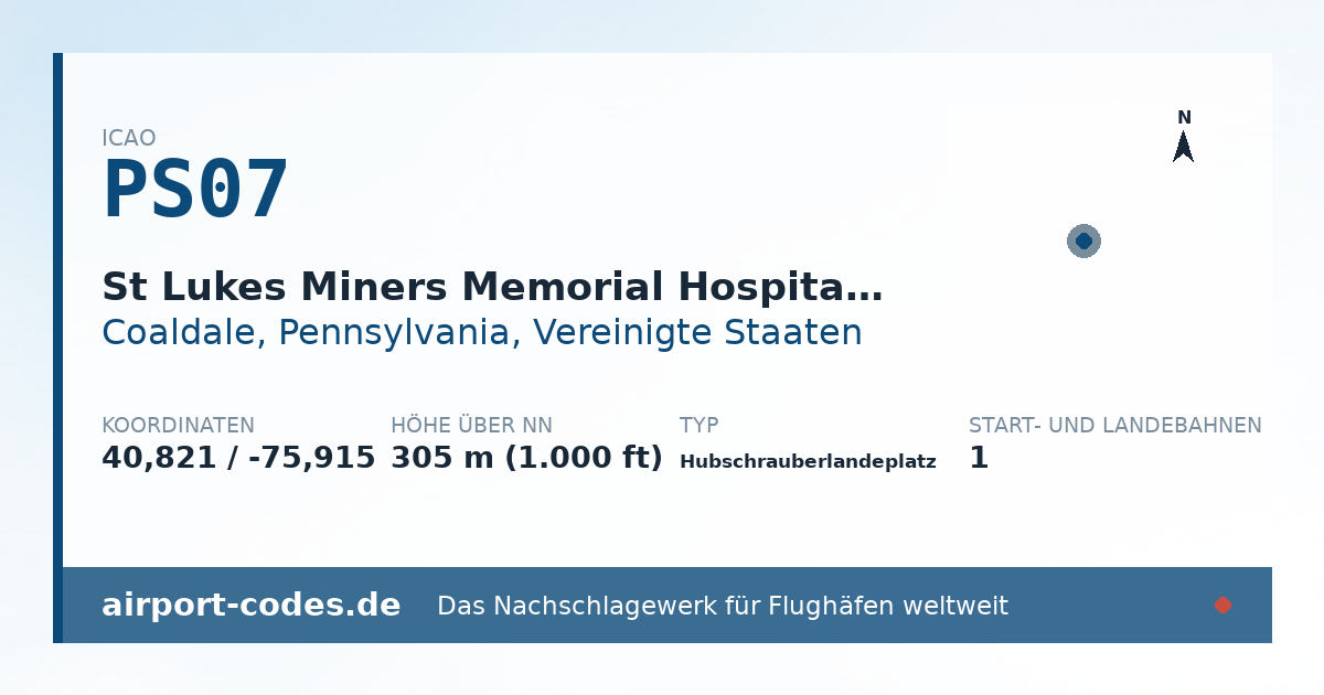 Generierte Übersichtsgrafik zum Flughafen St Lukes Miners Memorial Hospital Heliport mit Codes, Koordinaten und Bahnenskizze