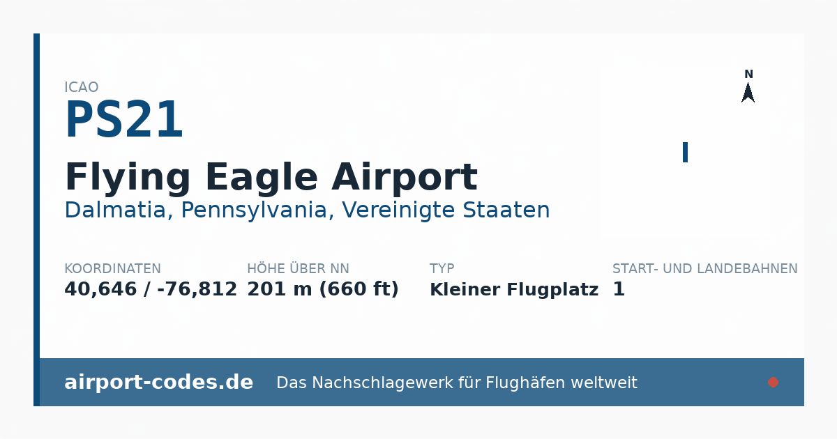 Generierte Übersichtsgrafik zum Flughafen Flying Eagle Airport mit Codes, Koordinaten und Bahnenskizze
