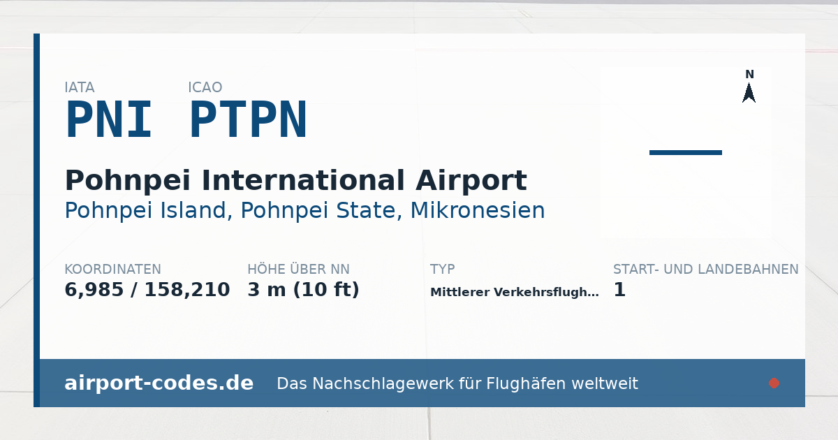 Generierte Übersichtsgrafik zum Flughafen Pohnpei International Airport mit Codes, Koordinaten und Bahnenskizze