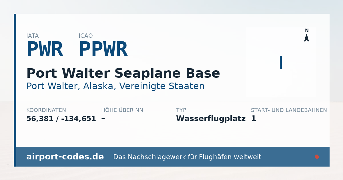 Generierte Übersichtsgrafik zum Flughafen Port Walter Seaplane Base mit Codes, Koordinaten und Bahnenskizze