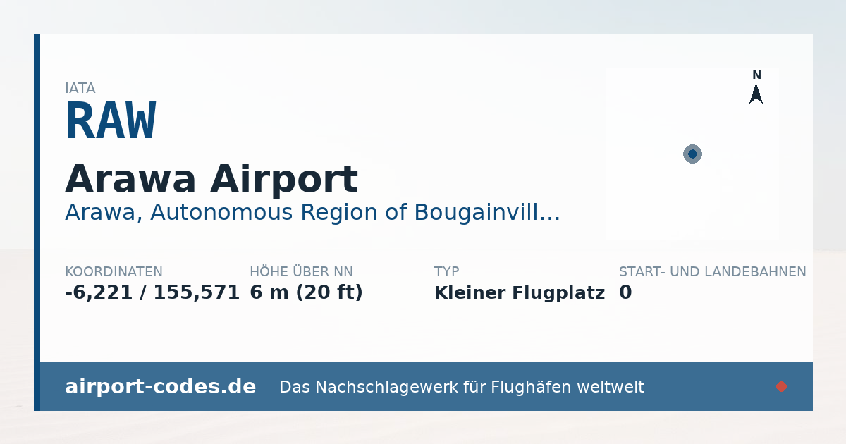Generierte Übersichtsgrafik zum Flughafen Arawa Airport mit Codes, Koordinaten und Bahnenskizze