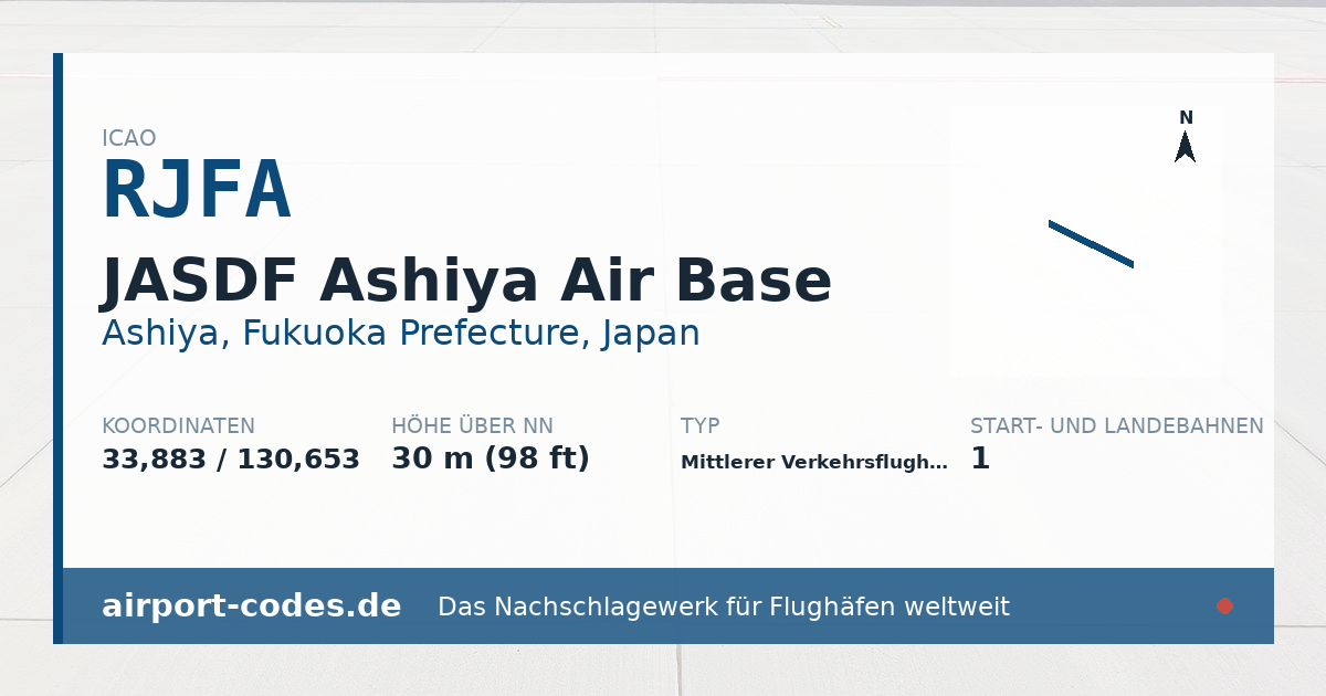 Generierte Übersichtsgrafik zum Flughafen JASDF Ashiya Air Base mit Codes, Koordinaten und Bahnenskizze