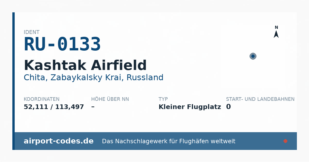 Generierte Übersichtsgrafik zum Flughafen Kashtak Airfield mit Codes, Koordinaten und Bahnenskizze