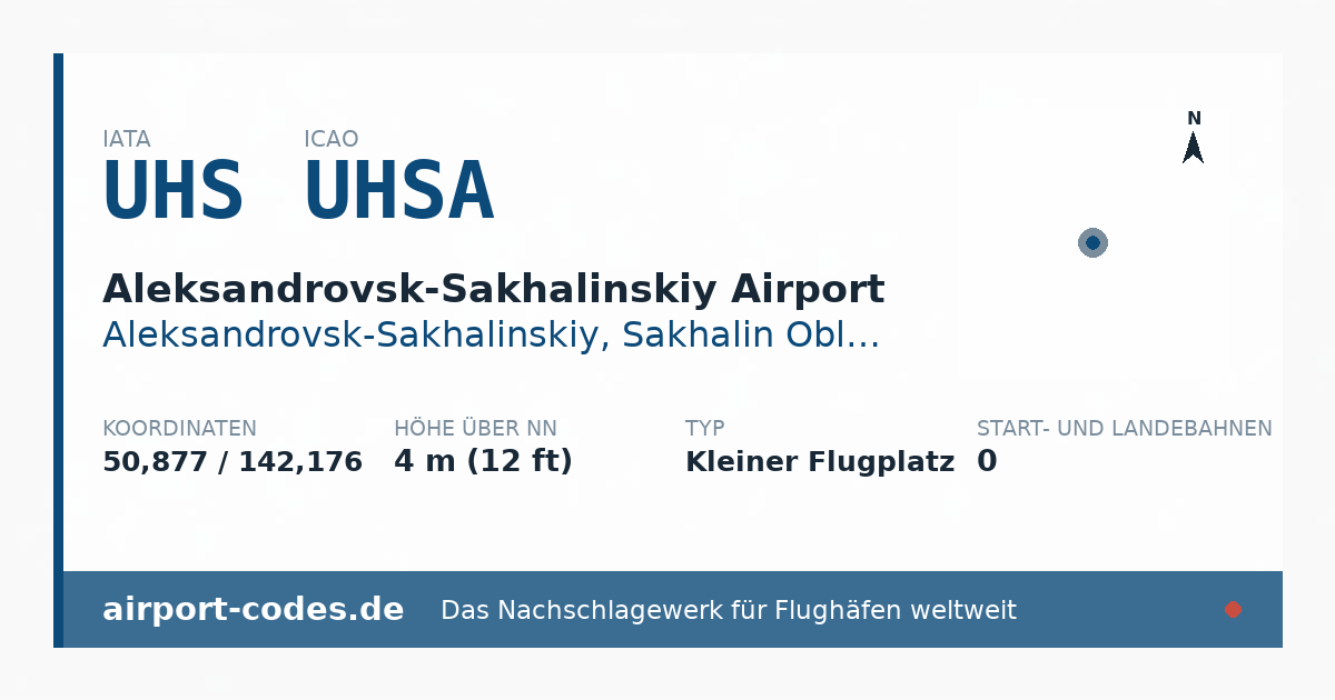 Generierte Übersichtsgrafik zum Flughafen Aleksandrovsk-Sakhalinskiy Airport mit Codes, Koordinaten und Bahnenskizze