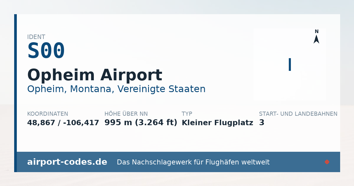 Generierte Übersichtsgrafik zum Flughafen Opheim Airport mit Codes, Koordinaten und Bahnenskizze