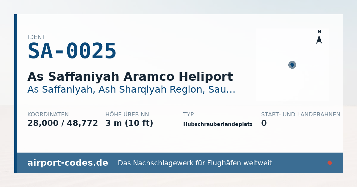 Generierte Übersichtsgrafik zum Flughafen As Saffaniyah Aramco Heliport mit Codes, Koordinaten und Bahnenskizze