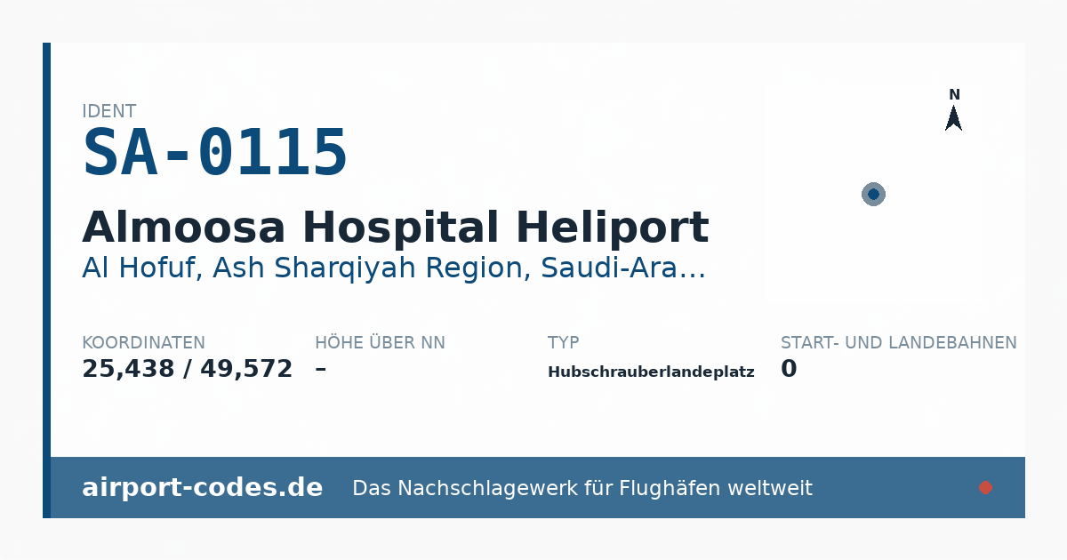 Generierte Übersichtsgrafik zum Flughafen Almoosa Hospital Heliport mit Codes, Koordinaten und Bahnenskizze