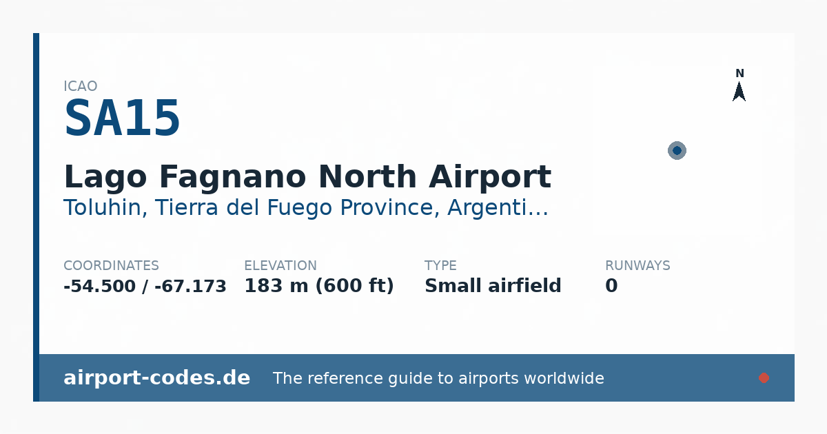 Generated summary graphic for Lago Fagnano North Airport showing codes, coordinates and a runway sketch