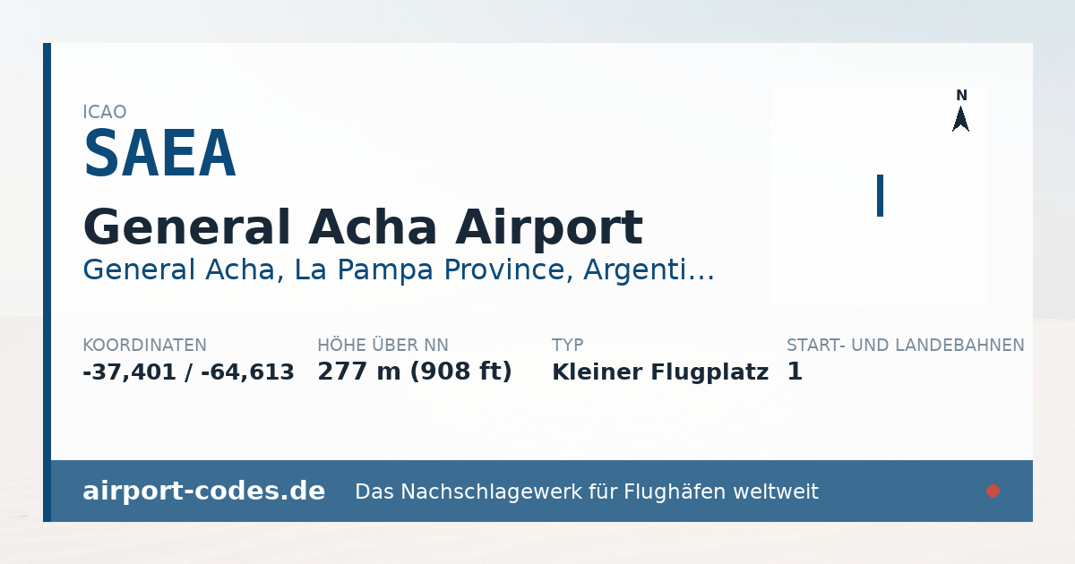 Generierte Übersichtsgrafik zum Flughafen General Acha Airport mit Codes, Koordinaten und Bahnenskizze