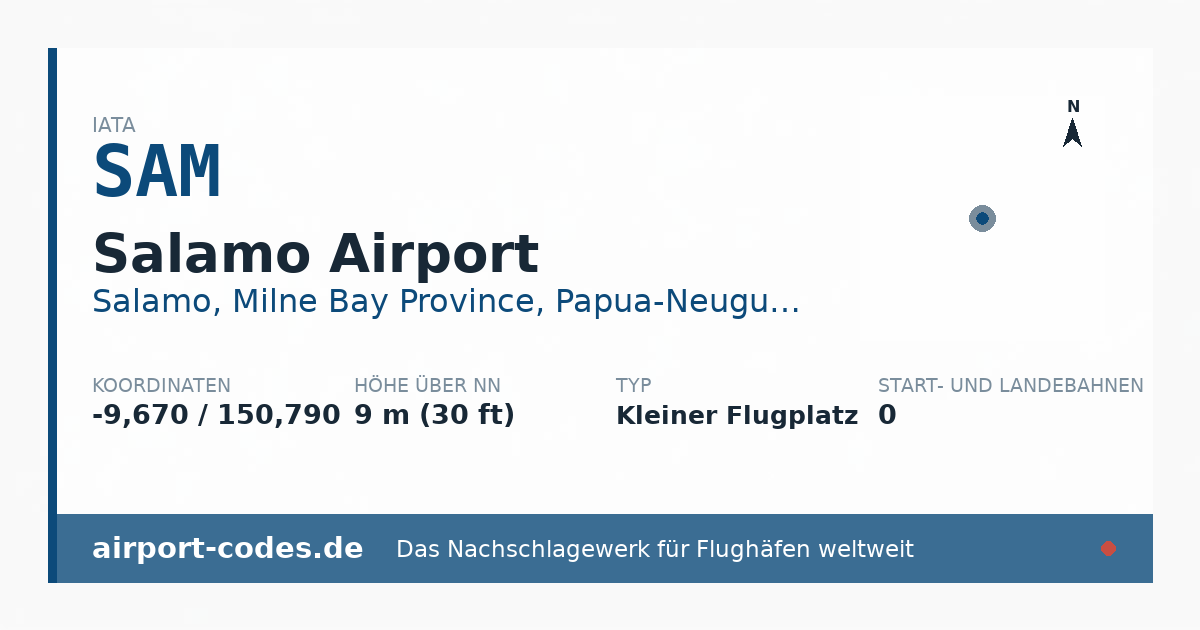 Generierte Übersichtsgrafik zum Flughafen Salamo Airport mit Codes, Koordinaten und Bahnenskizze