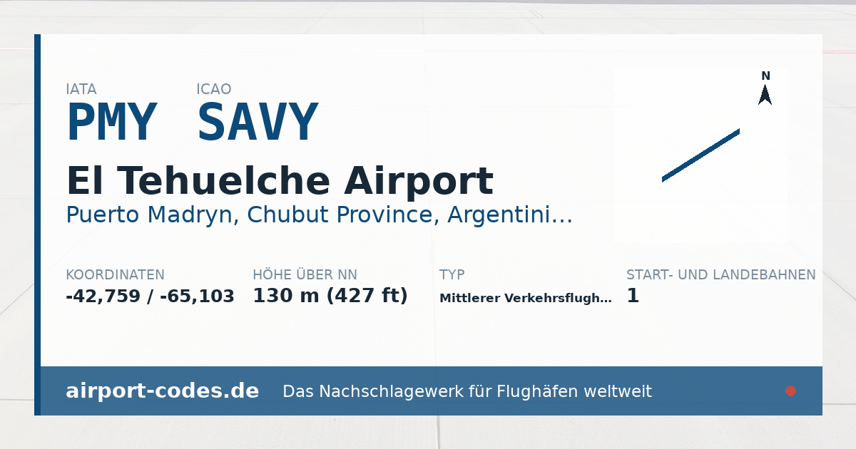 Generierte Übersichtsgrafik zum Flughafen El Tehuelche Airport mit Codes, Koordinaten und Bahnenskizze