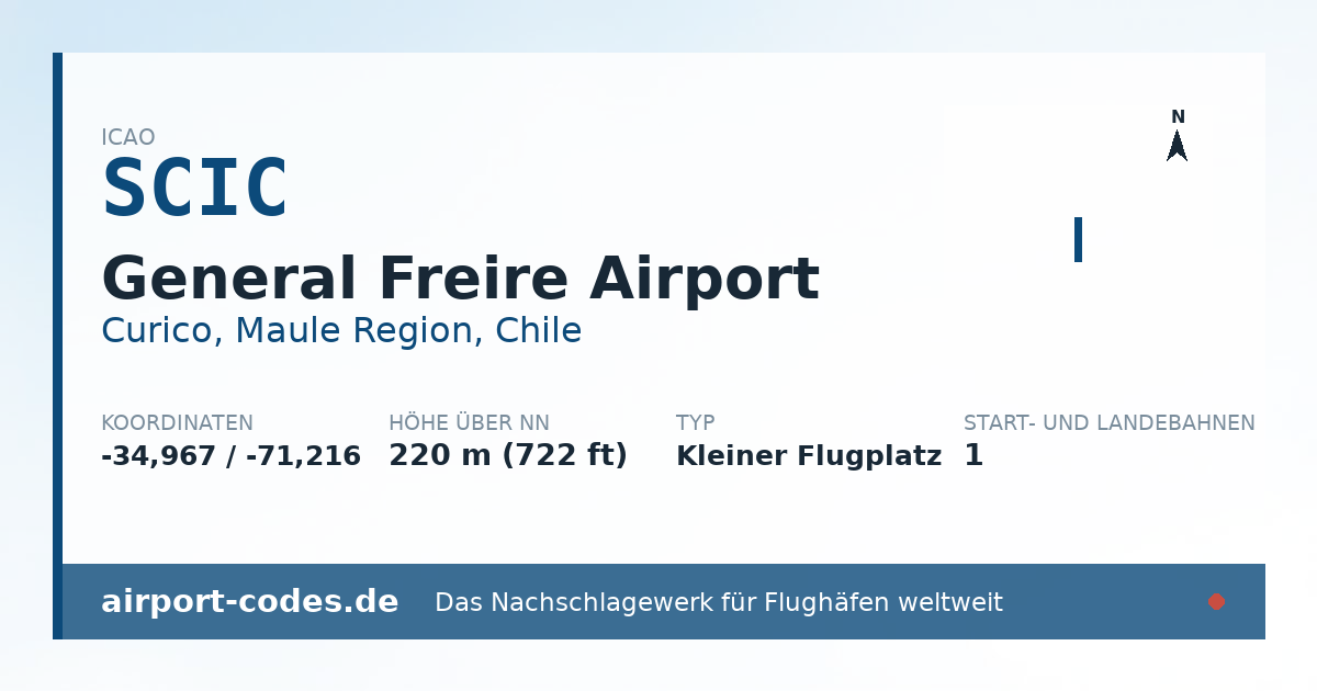 Generierte Übersichtsgrafik zum Flughafen General Freire Airport mit Codes, Koordinaten und Bahnenskizze