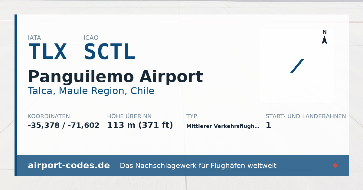 Generierte Übersichtsgrafik zum Flughafen Panguilemo Airport mit Codes, Koordinaten und Bahnenskizze
