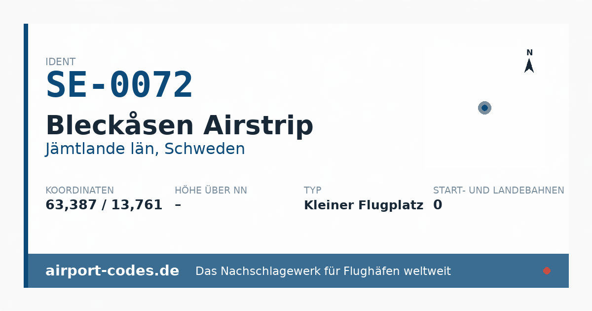 Generierte Übersichtsgrafik zum Flughafen Bleckåsen Airstrip mit Codes, Koordinaten und Bahnenskizze