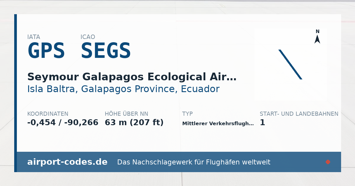 Generierte Übersichtsgrafik zum Flughafen Seymour Galapagos Ecological Airport mit Codes, Koordinaten und Bahnenskizze