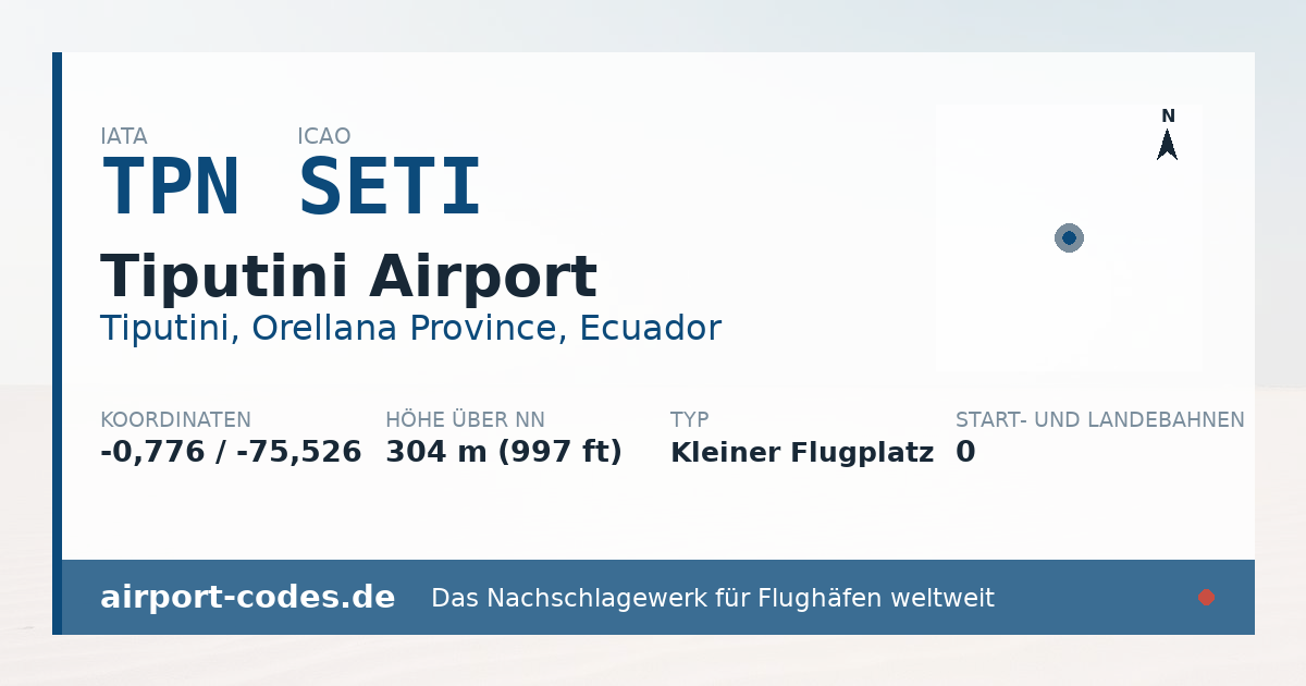 Generierte Übersichtsgrafik zum Flughafen Tiputini Airport mit Codes, Koordinaten und Bahnenskizze