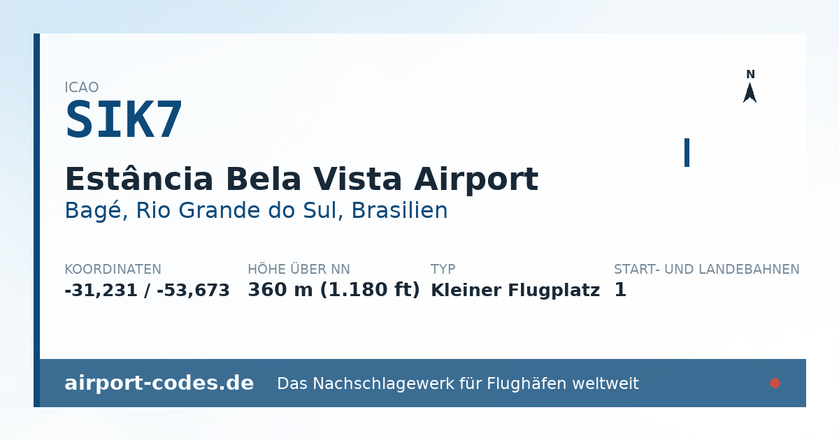 Generierte Übersichtsgrafik zum Flughafen Estância Bela Vista Airport mit Codes, Koordinaten und Bahnenskizze