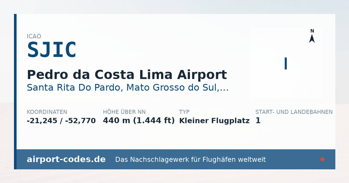 Generierte Übersichtsgrafik zum Flughafen Pedro da Costa Lima Airport mit Codes, Koordinaten und Bahnenskizze