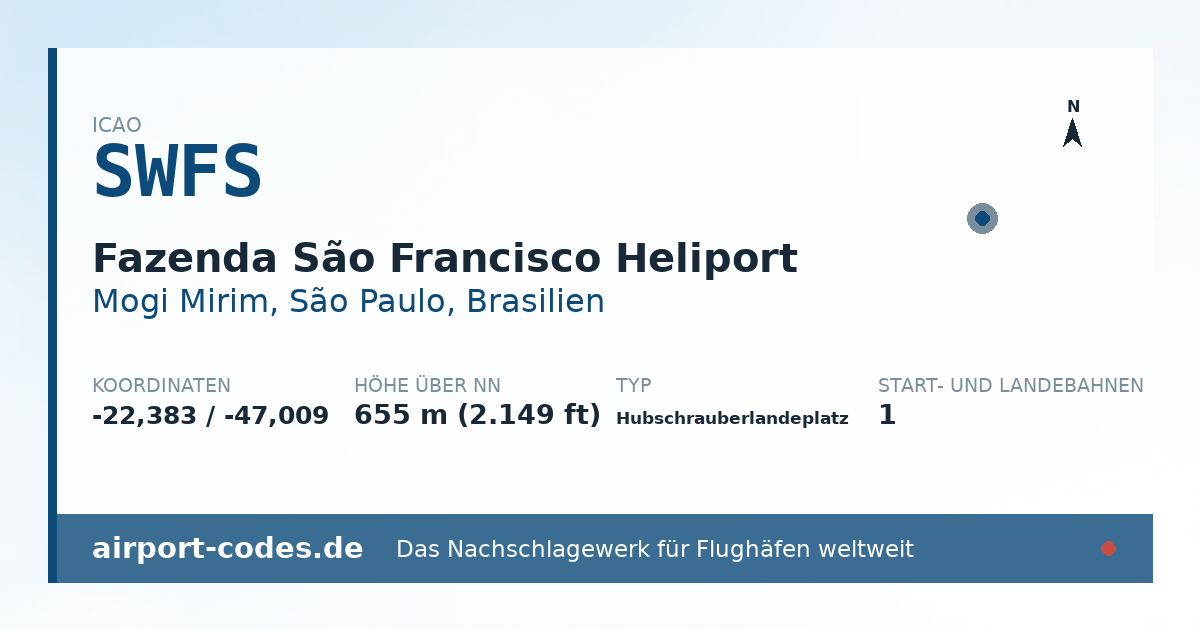 Generierte Übersichtsgrafik zum Flughafen Fazenda São Francisco Heliport mit Codes, Koordinaten und Bahnenskizze