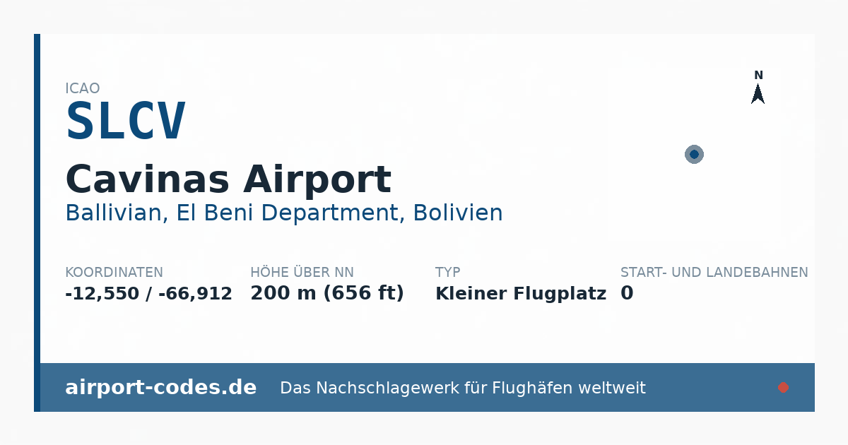 Generierte Übersichtsgrafik zum Flughafen Cavinas Airport mit Codes, Koordinaten und Bahnenskizze