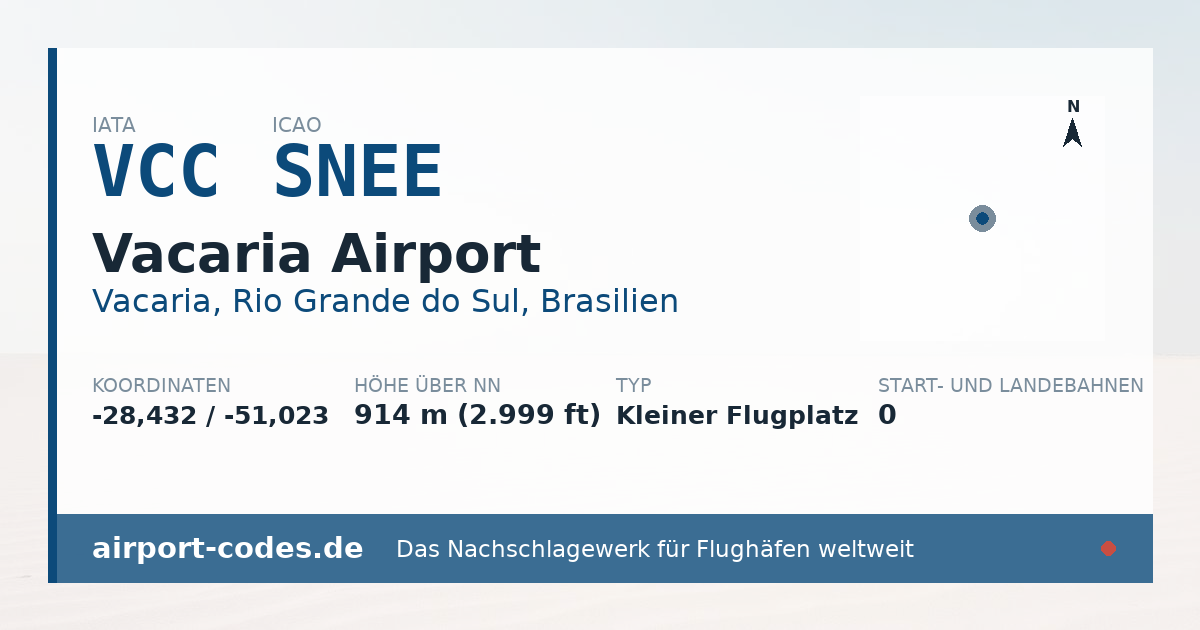 Generierte Übersichtsgrafik zum Flughafen Vacaria Airport mit Codes, Koordinaten und Bahnenskizze
