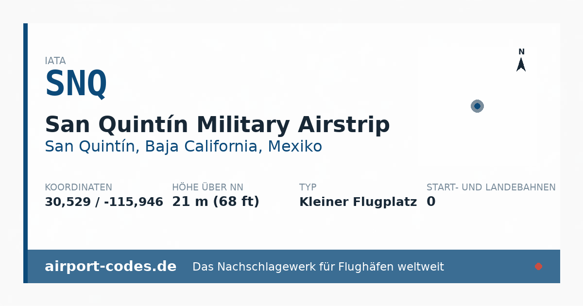 Generierte Übersichtsgrafik zum Flughafen San Quintín Military Airstrip mit Codes, Koordinaten und Bahnenskizze