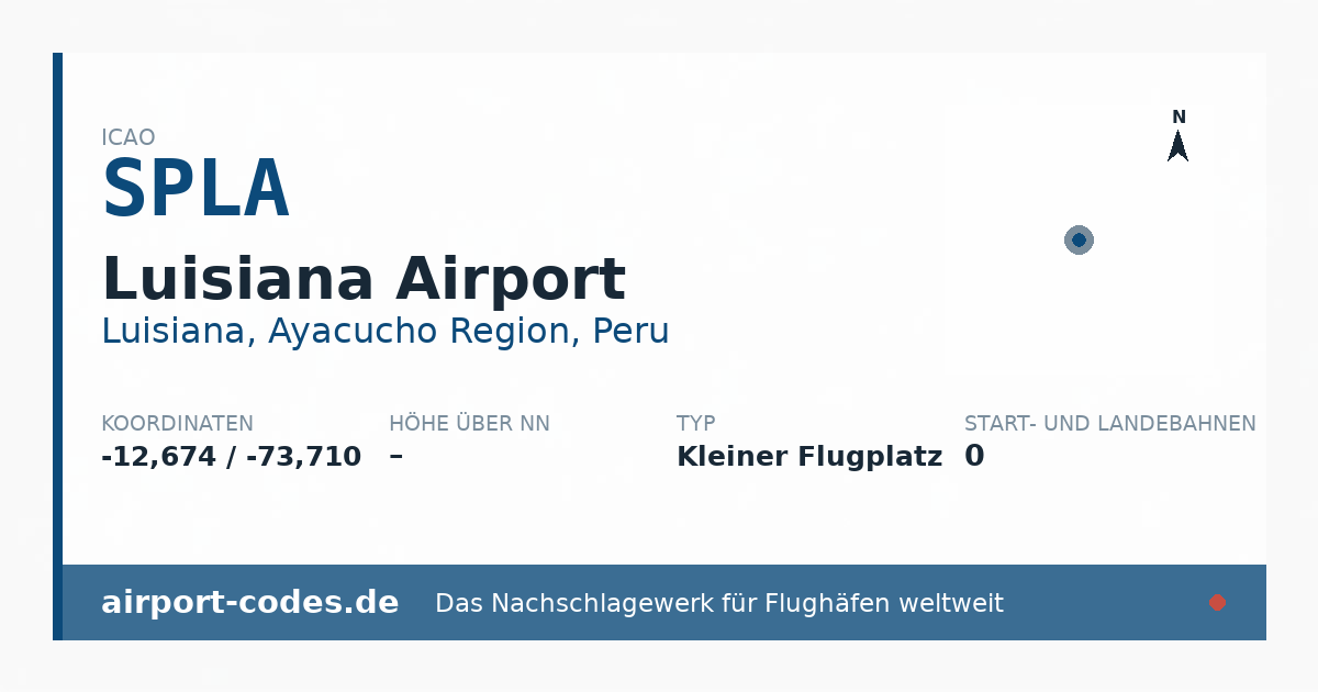 Generierte Übersichtsgrafik zum Flughafen Luisiana Airport mit Codes, Koordinaten und Bahnenskizze