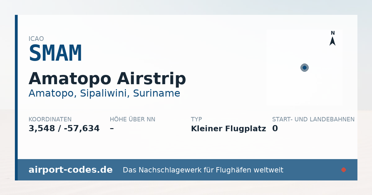 Generierte Übersichtsgrafik zum Flughafen Amatopo Airstrip mit Codes, Koordinaten und Bahnenskizze