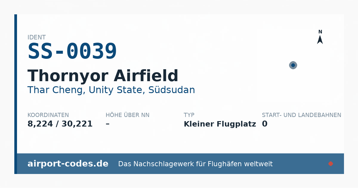 Generierte Übersichtsgrafik zum Flughafen Thornyor Airfield mit Codes, Koordinaten und Bahnenskizze